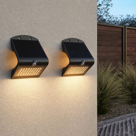 Set van 2 Rhodes Solar Wandlampen Up & Down - met Bewegingssensor - 4W - 3000K Warm wit - 2 lichtstanden - IP65 waterdicht - Wandlamp Schutting - Zwart | HOFTRONIC