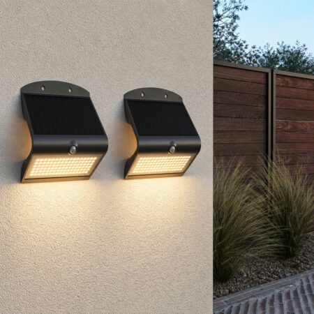 Set van 2 Rhodes Solar Wandlampen Up & Down - met Bewegingssensor - 8W - 3000K Warm wit - 2 lichtstanden - IP65 waterdicht - Wandlamp Schutting - Zwart | HOFTRONIC