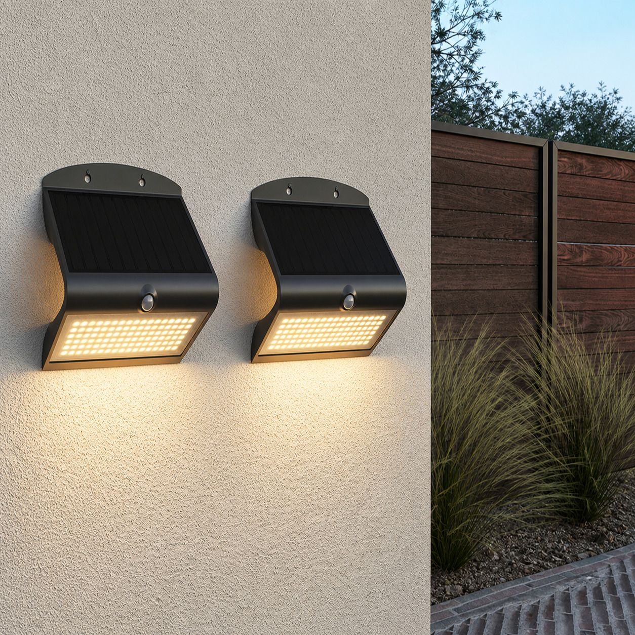 Set van 2 Rhodes Solar Wandlampen Up & Down - met Bewegingssensor - 8W - 3000K Warm wit - 2 lichtstanden - IP65 waterdicht - Wandlamp Schutting - Zwart | HOFTRONIC