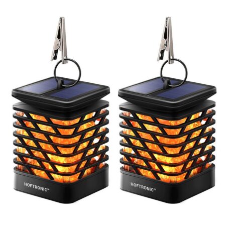 Set van 2 Solar Tuinlantaarn Amelia - Met sfeervol vlam effect - IP65 Waterdicht - Warm wit 3000K licht - Schemerschakelaar - Tafellamp - Hanglamp - Solar lantaarn - Zwart | HOFTRONIC