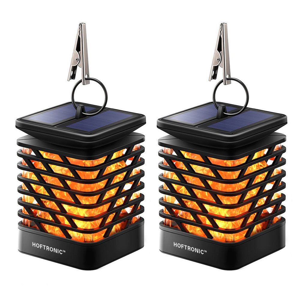 Set van 2 Solar Tuinlantaarn Amelia - Met sfeervol vlam effect - IP65 Waterdicht - Warm wit 3000K licht - Schemerschakelaar - Tafellamp - Hanglamp - Solar lantaarn - Zwart | HOFTRONIC