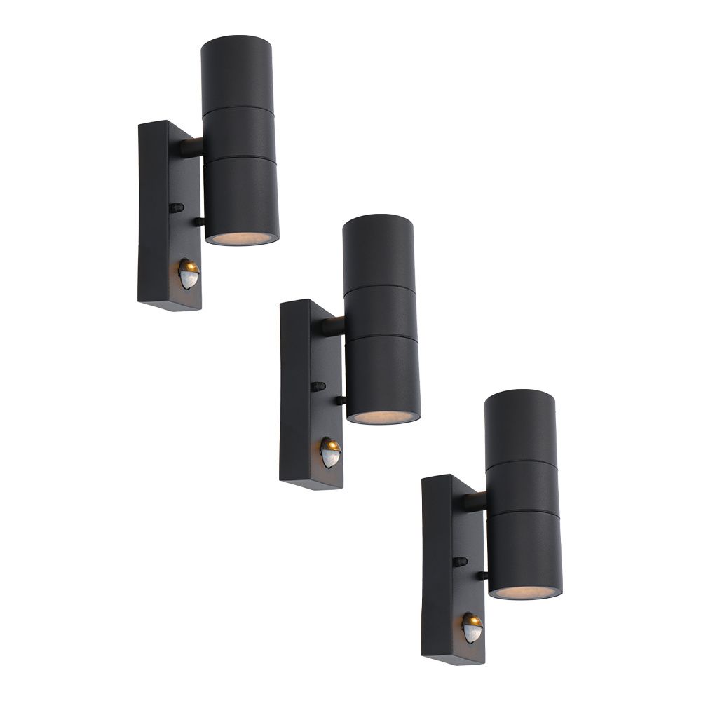 Set van 3 Blenda Wandlamp Zwart - 2700K Warm Wit - 8 watt 690 lumen - Bewegingssensor en Schemerschakelaar - IP44 Waterdicht - Up & Downlight voor buiten | HOFTRONIC