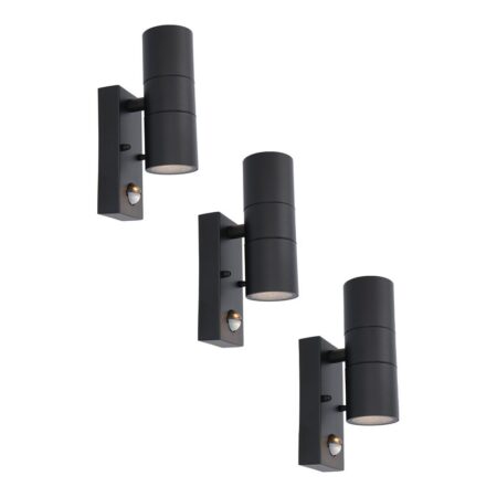 Set van 3 Blenda Wandlamp Zwart - 4000K neutraal wit - 8 Watt 690 Lumen - Bewegingssensor en Schemerschakelaar - IP44 Waterdicht - Up & Downlight voor buiten | HOFTRONIC