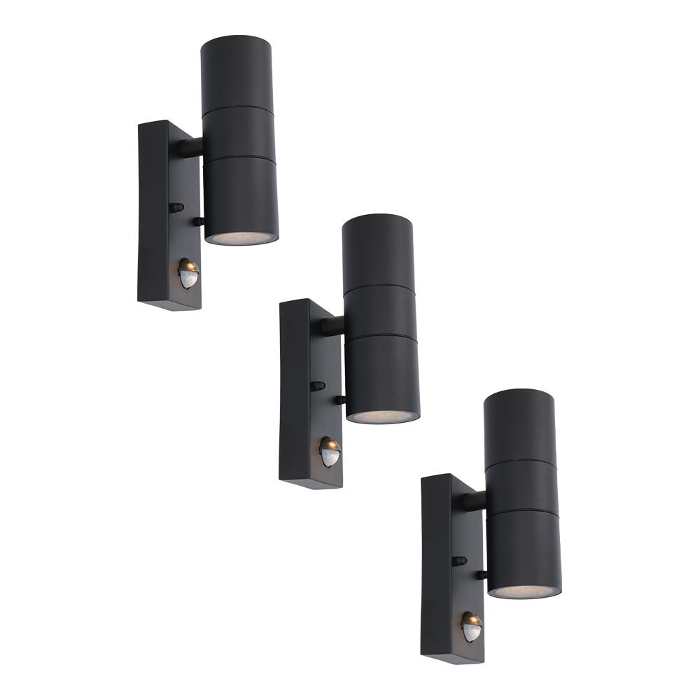 Set van 3 Blenda Wandlamp Zwart - 4000K neutraal wit - 8 Watt 690 Lumen - Bewegingssensor en Schemerschakelaar - IP44 Waterdicht - Up & Downlight voor buiten | HOFTRONIC