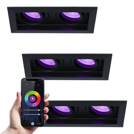 Set van 3 Durham Dubbel smart inbouwspots vierkant - Wifi + Bluetooth - RGBWW - GU10 11 Watt 670 Lumen - Kantelbaar - Google Home