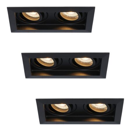 Set van 3 Durham LED Dubbele inbouwspots Rechthoek - 8 watt 690 lumen - 2700K Warm wit - GU10 - Dimbaar Kantelbaar - Voor binnen - Zwart | HOFTRONIC