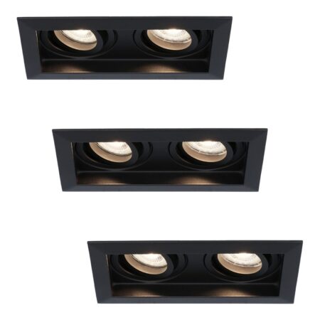 Set van 3 Durham LED Dubbele inbouwspots vierkant - 8 Watt 690 Lumen - 4000K neutraal wit - GU10 - Dimbaar Kantelbaar - Voor binnen - Zwart | HOFTRONIC