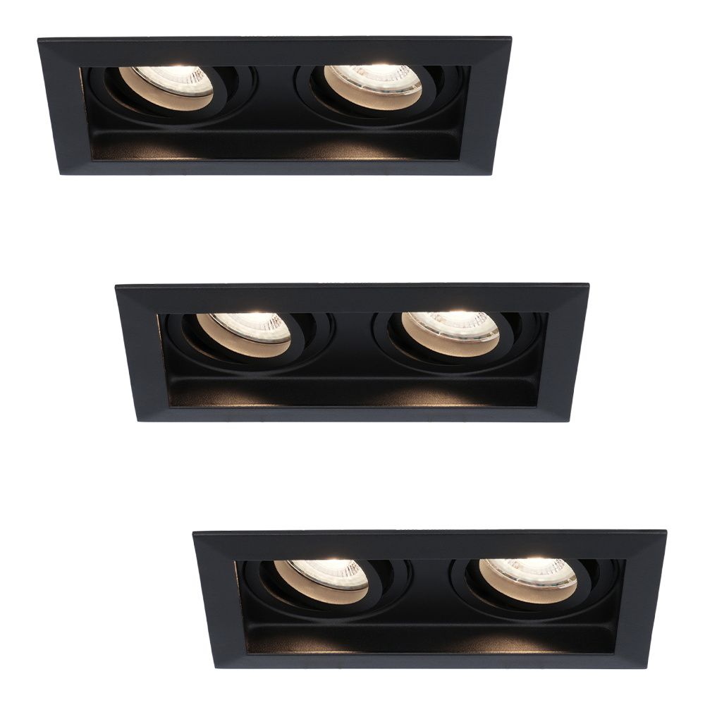 Set van 3 Durham LED Dubbele inbouwspots vierkant - 8 Watt 690 Lumen - 4000K neutraal wit - GU10 - Dimbaar Kantelbaar - Voor binnen - Zwart | HOFTRONIC