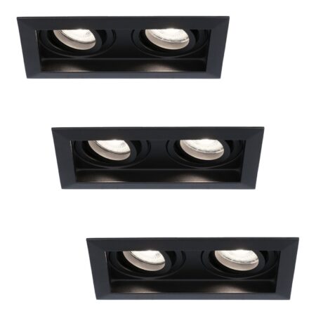 Set van 3 Durham LED Dubbele inbouwspots vierkant - 8 Watt 690 Lumen - 6500K daglicht wit - GU10 - Dimbaar Kantelbaar - Voor binnen - Zwart | HOFTRONIC