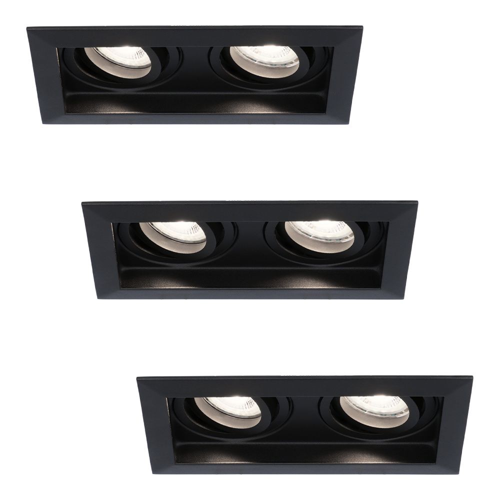 Set van 3 Durham LED Dubbele inbouwspots vierkant - 8 Watt 690 Lumen - 6500K daglicht wit - GU10 - Dimbaar Kantelbaar - Voor binnen - Zwart | HOFTRONIC