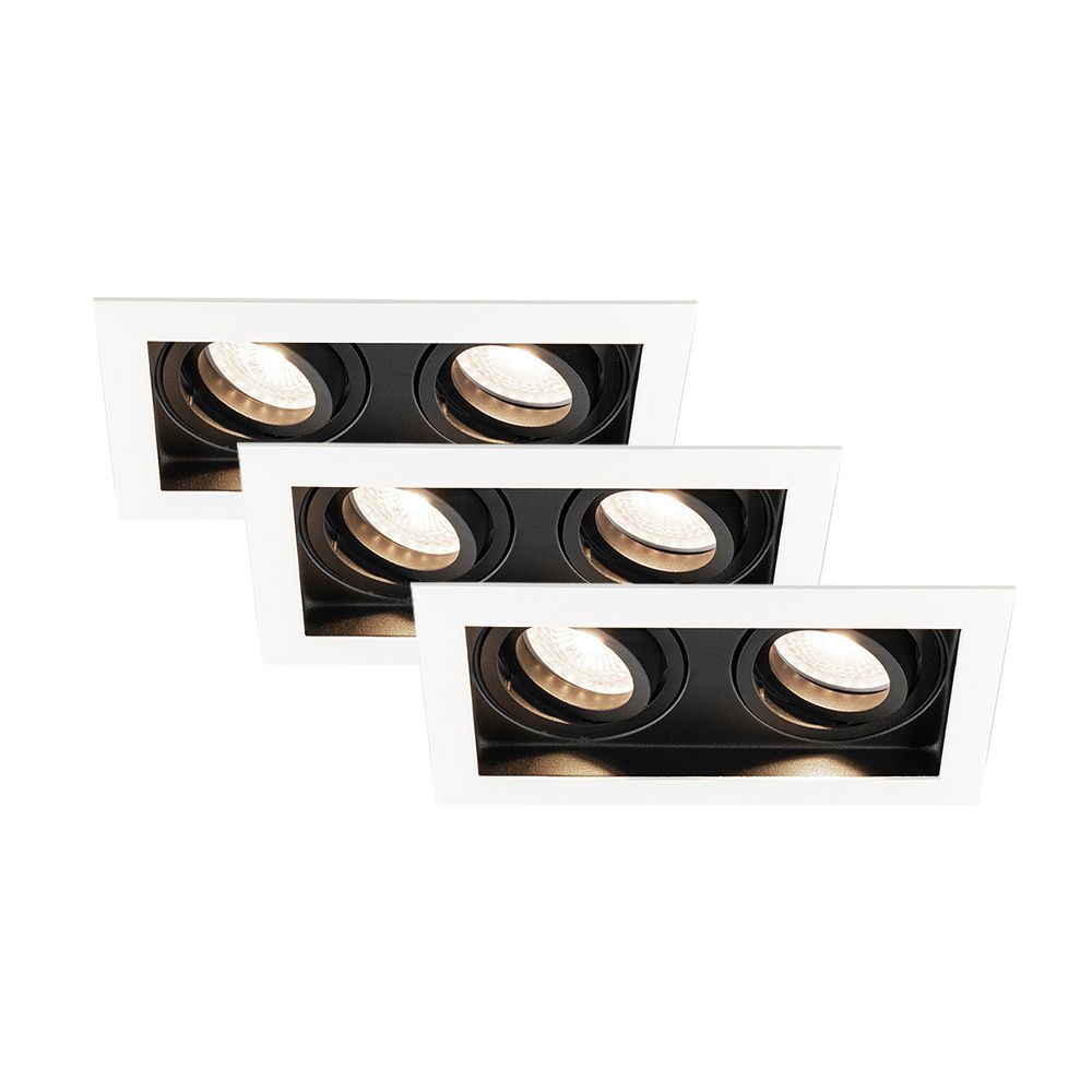 Set van 3 Durham - LED Inbouwspot - 8 Watt 690 Lumen - 4000K Neutraal wit - Dubbel - GU10 - Kantelbaar - IP20 voor binnen - Rechthoek - Wit/Zwart | HOFTRONIC