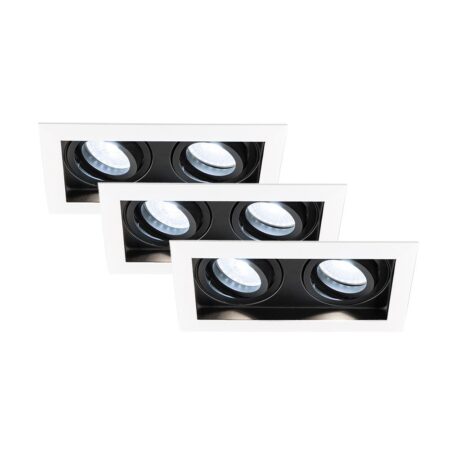 Set van 3 Durham - LED Inbouwspot - 8 Watt 690 Lumen - 6500K Daglicht wit - Dubbel - GU10 - Kantelbaar - IP20 voor binnen - Rechthoek - Wit/Zwart | HOFTRONIC