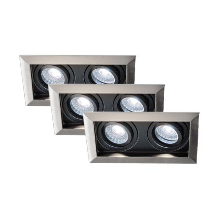 Set van 3 Durham - LED Inbouwspot - 8 Watt 690 Lumen - 6500K Daglicht wit - Dubbel - GU10 - Kantelbaar - Verzonken - IP20 voor binnen - Rechthoek - RVS | HOFTRONIC
