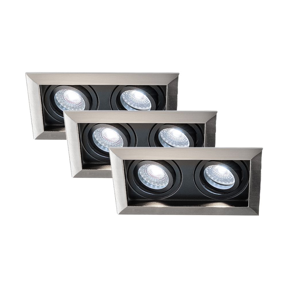 Set van 3 Durham - LED Inbouwspot - 8 Watt 690 Lumen - 6500K Daglicht wit - Dubbel - GU10 - Kantelbaar - Verzonken - IP20 voor binnen - Rechthoek - RVS | HOFTRONIC