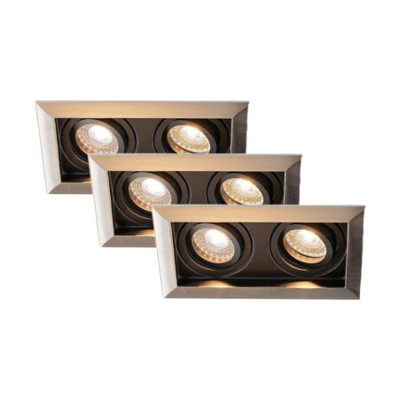 Set van 3 Durham - LED Inbouwspot - 8 watt 690 lumen - 2700K Warm wit - Dubbel - GU10 - Kantelbaar - Verzonken - IP20 voor binnen - Rechthoek - RVS | HOFTRONIC