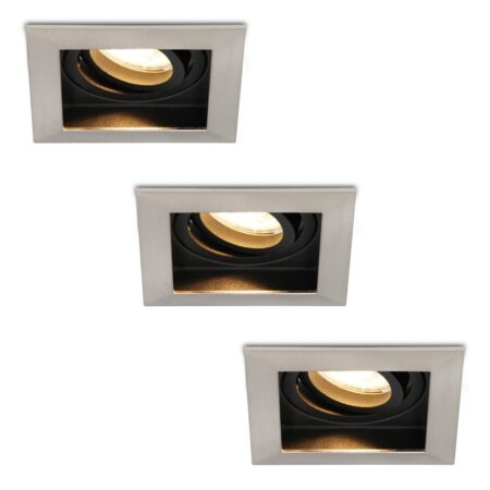 Set van 3 Durham LED inbouwspots vierkant - 4 Watt 345 lumen - 2700k warm wit - GU10 - Dimbaar Kantelbaar - Voor binnen - RVS | HOFTRONIC