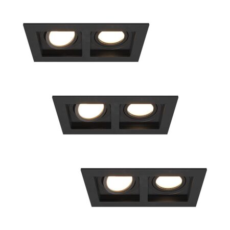Set van 3 Fresno Dubbele Inbouwspot - Rechthoek - 2x GU10 - 4000K neutraal wit - 8 Watt 690 Lumen - Kantelbaar - IP20 stofdicht - Zwart | HOFTRONIC