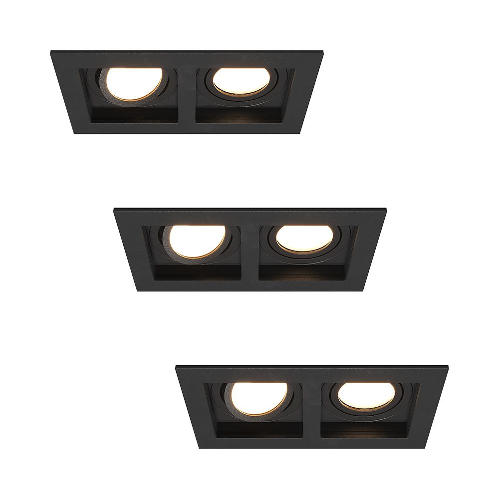 Set van 3 Fresno Dubbele Inbouwspot - Rechthoek - 2x GU10 - 4000K neutraal wit - 8 Watt 690 Lumen - Kantelbaar - IP20 stofdicht - Zwart | HOFTRONIC