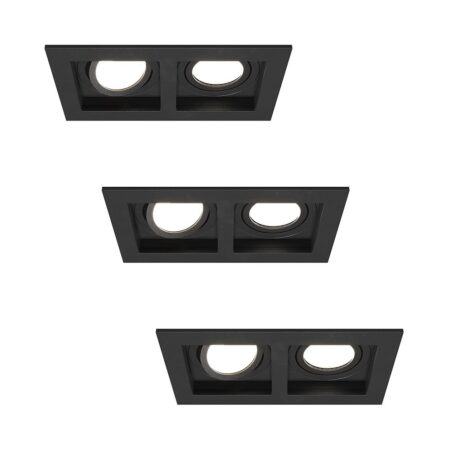 Set van 3 Fresno Dubbele Inbouwspot - Rechthoek - 2x GU10 - 6500K Daglicht wit - 8 Watt 690 Lumen - Kantelbaar - IP20 stofdicht - Zwart | HOFTRONIC