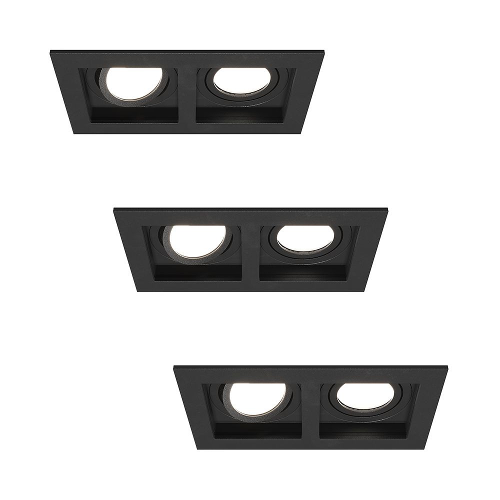 Set van 3 Fresno Dubbele Inbouwspot - Rechthoek - 2x GU10 - 6500K Daglicht wit - 8 Watt 690 Lumen - Kantelbaar - IP20 stofdicht - Zwart | HOFTRONIC