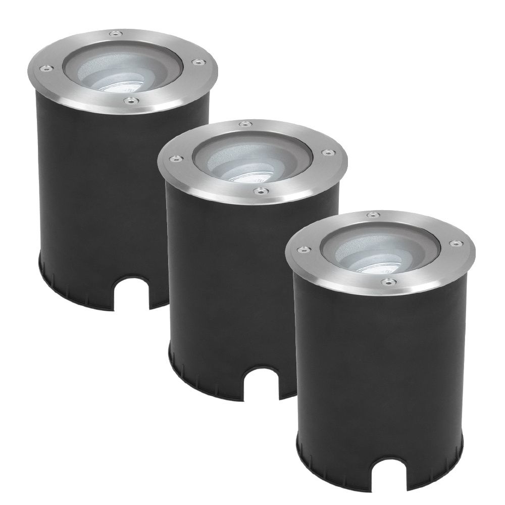 Set van 3 Lilly LED Grondspots - Dimbaar - Kantelbaar - GU10 - 6500K daglicht wit - 4 Watt 345 Lumen - Rond - IK10 - RVS - IP67 waterdicht | HOFTRONIC