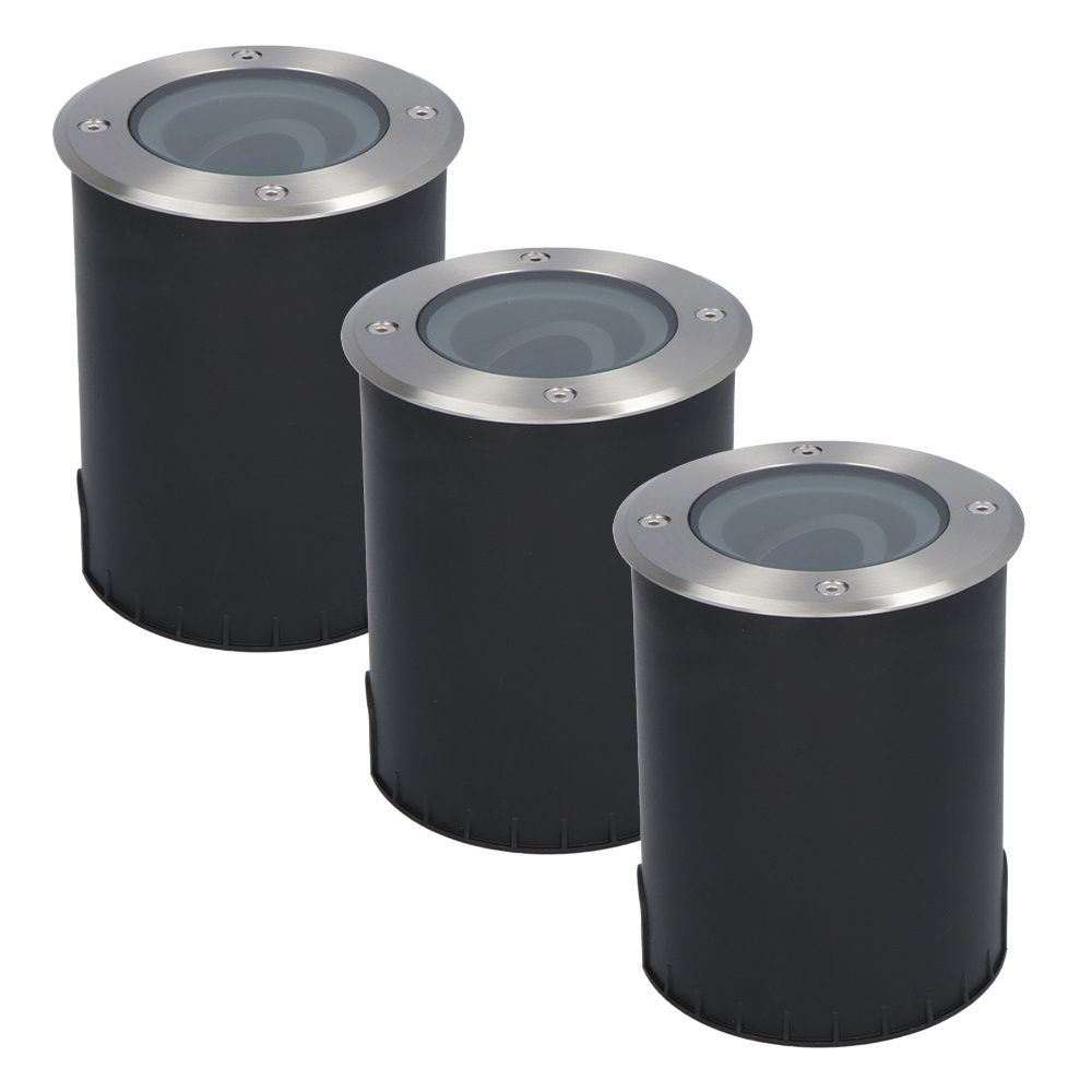 Set van 3 Lilly LED Grondspots - Dimbaar - Kantelbaar - GU10 fitting - Rond - IK10 - Tuinspot - Oprit - RVS - IP67 waterdicht | HOFTRONIC