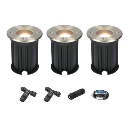 Set van 3 Maisy LED Grondspot - Dimbaar - Rond - Ø12cm - GU10 4 Watt 345 Lumen 4000K neutraal wit - RVS - IP67 waterdicht - Tuinspot - Oprit - Inclusief installatiemateriaal (Kabel & connector) | HOFTRONIC