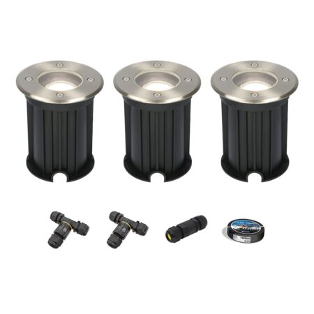 Set van 3 Maisy LED Grondspot - Dimbaar - Rond - Ø12cm - GU10 - 4 Watt 345 Lumen - 6500K daglicht wit - RVS - IP67 waterdicht - Tuinspot - Oprit - Inclusief installatiemateriaal (Kabel & connector) | HOFTRONIC