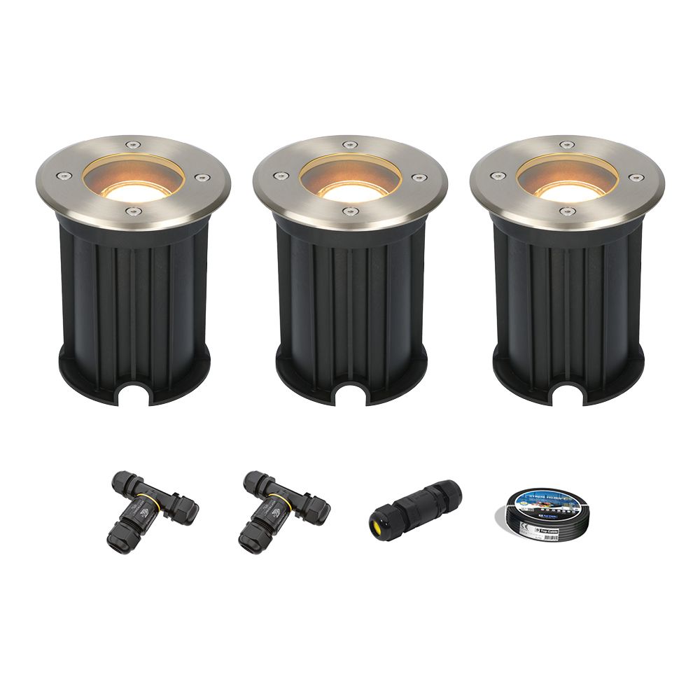 Set van 3 Maisy LED Grondspots Rond - Dimbaar - GU10 - 2700K warm wit - 4 Watt 345 lumen - Rond - Ø12cm - Tuinspot - Oprit - RVS - IP67 - Inclusief installatiemateriaal (Kabel & connector) | HOFTRONIC