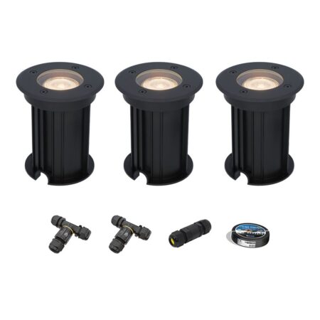 Set van 3 Maisy LED Grondspots Rond - Dimbaar - GU10 - 2700K warm wit - 4 Watt 345 lumen - Rond - Ø12cm - Tuinspot - Oprit - Zwart - IP67 - Inclusief installatiemateriaal (Kabel & connector) | HOFTRONIC