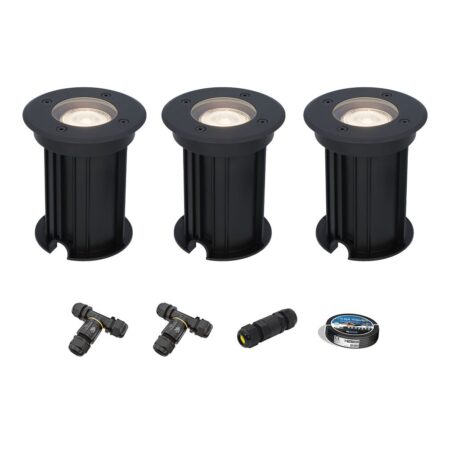 Set van 3 Maisy LED Grondspots Rond - Dimbaar - GU10 - 4000K neutraal wit - 4 Watt 345 Lumen - Rond - Ø12cm - Tuinspot - Oprit - Zwart - IP67 - Inclusief installatiemateriaal (Kabel & connector) | HOFTRONIC