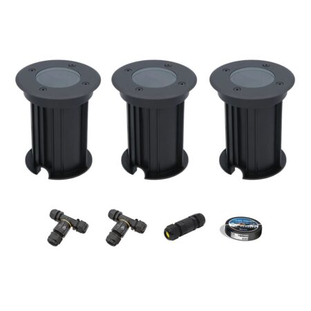 Set van 3 Maisy LED Grondspots Rond - Dimbaar - GU10 fitting - Rond - Ø12cm - Tuinspot - Oprit - Zwart - IP67 - Inclusief installatiemateriaal (Kabel & connector) | HOFTRONIC