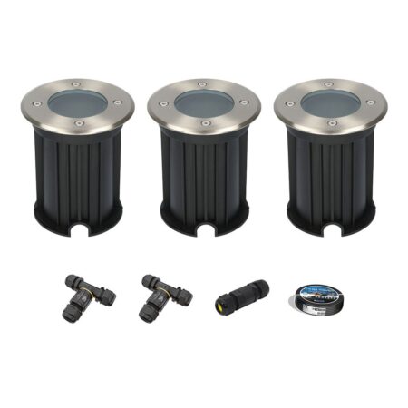 Set van 3 Maisy LED Grondspots - Rond - Ø12cm - RVS - GU10 fitting - Excl. lichtbron - IP67 waterdicht - Tuinspot - Oprit - Inclusief installatiemateriaal (Kabel & connector) | HOFTRONIC