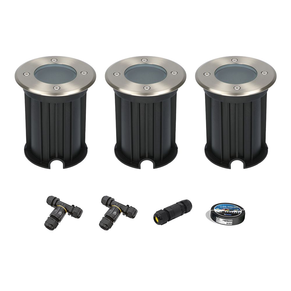 Set van 3 Maisy LED Grondspots - Rond - Ø12cm - RVS - GU10 fitting - Excl. lichtbron - IP67 waterdicht - Tuinspot - Oprit - Inclusief installatiemateriaal (Kabel & connector) | HOFTRONIC