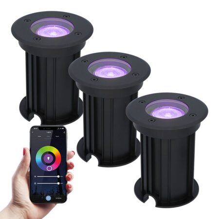 Set van 3 Maisy Smart Grondspots Rond - Ø12cm - 5.5 Watt 345 lumen - RGBWW - Wifi + Bluetooth - Bestuurbaar via app - IP67 waterdicht - Google Home - Amazon Alexa - Zwart | HOFTRONIC SMART