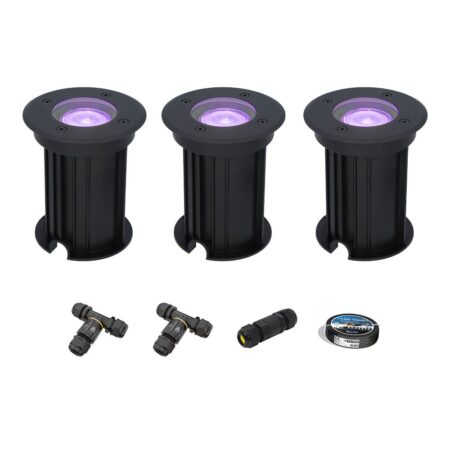 Set van 3 Maisy Smart Grondspots Rond - Ø12cm - 5.5 Watt 400 lumen - RGBWW - Wifi + Bluetooth - Bestuurbaar via app - IP67 - Google Home - Amazon Alexa - Zwart - Inclusief installatiemateriaal (Kabel & connector) | HOFTRONIC SMART