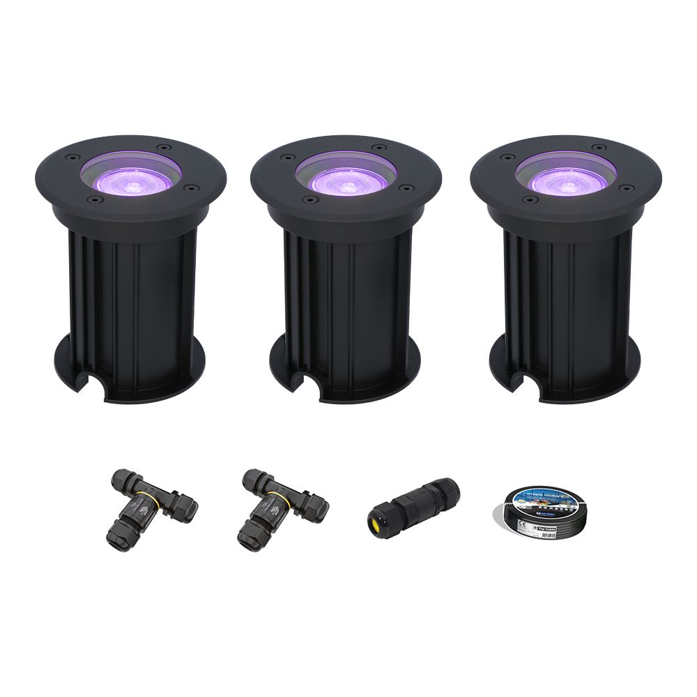 Set van 3 Maisy Smart Grondspots Rond - Ø12cm - 5.5 Watt 400 lumen - RGBWW - Wifi + Bluetooth - Bestuurbaar via app - IP67 - Google Home - Amazon Alexa - Zwart - Inclusief installatiemateriaal (Kabel & connector) | HOFTRONIC SMART