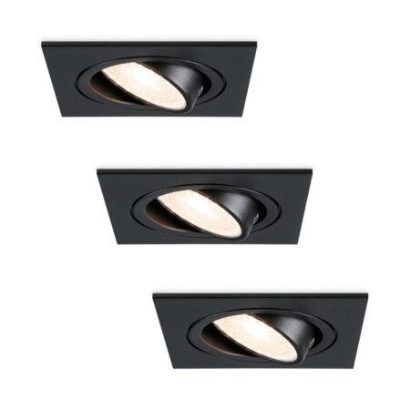 Set van 3 Mallorca LED inbouwspot - IP20 - Kantelbaar - 4 Watt 345 Lumen - 4000K Neutraal wit - GU10 - Dimbaar - Vierkant - Voor binnen - Zwart | HOFTRONIC