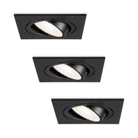 Set van 3 Mallorca LED inbouwspot - IP20 - Kantelbaar - 4 Watt 345 Lumen - 6500K Daglicht wit - GU10 - Dimbaar - Vierkant - Voor binnen - Zwart | HOFTRONIC