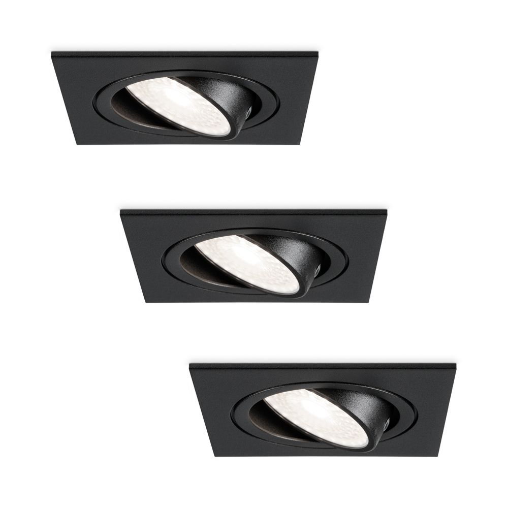Set van 3 Mallorca LED inbouwspot - IP20 - Kantelbaar - 4 Watt 345 Lumen - 6500K Daglicht wit - GU10 - Dimbaar - Vierkant - Voor binnen - Zwart | HOFTRONIC