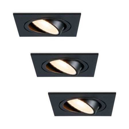 Set van 3 Mallorca LED inbouwspot - IP20 - Kantelbaar - 4 Watt 345 lumen - 2700K warm wit - GU10 - Dimbaar - Vierkant - Voor binnen - Zwart | HOFTRONIC