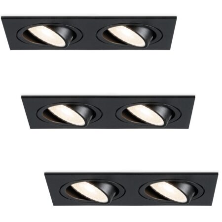 Set van 3 Mallorca LED inbouwspot - IP20 - Kantelbaar - 8 Watt 690 Lumen - 4000K Neutraal wit - Dubbel - GU10 - Dimbaar - Rechthoek - Voor binnen - Zwart | HOFTRONIC