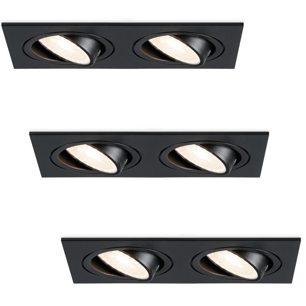 Set van 3 Mallorca LED inbouwspot - IP20 - Kantelbaar - 8 Watt 690 Lumen - 4000K Neutraal wit - Dubbel - GU10 - Dimbaar - Rechthoek - Voor binnen - Zwart | HOFTRONIC