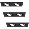 Set van 3 Mallorca LED inbouwspot - IP20 - Kantelbaar - 8 Watt 690 Lumen - 6500K Daglicht wit - Dubbel - GU10 - Dimbaar - Rechthoek - Voor binnen - Zwart | HOFTRONIC