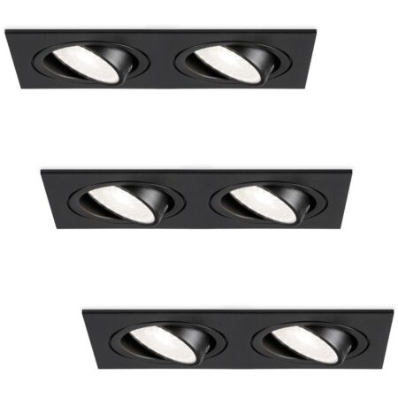 Set van 3 Mallorca LED inbouwspot - IP20 - Kantelbaar - 8 Watt 690 Lumen - 6500K Daglicht wit - Dubbel - GU10 - Dimbaar - Rechthoek - Voor binnen - Zwart | HOFTRONIC