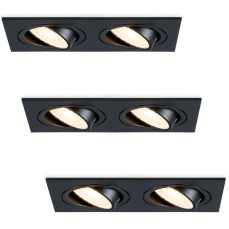 Set van 3 Mallorca LED inbouwspot - IP20 - Kantelbaar - 8 watt 690 lumen - 2700K Warm wit - Dubbel - GU10 - Dimbaar - Rechthoek - Voor binnen - Zwart | HOFTRONIC