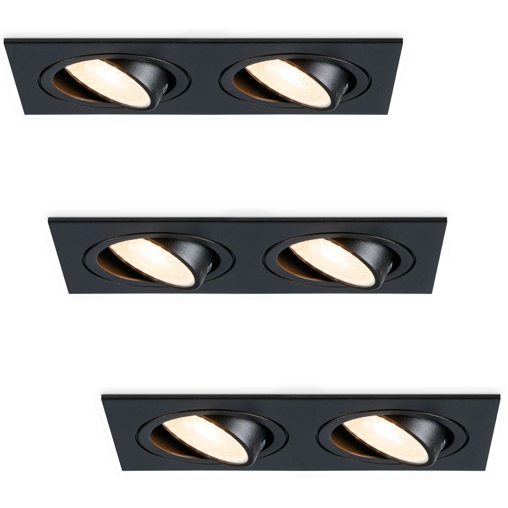 Set van 3 Mallorca LED inbouwspot - IP20 - Kantelbaar - 8 watt 690 lumen - 2700K Warm wit - Dubbel - GU10 - Dimbaar - Rechthoek - Voor binnen - Zwart | HOFTRONIC