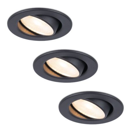 Set van 3 Malta LED inbouwspots - 5 Watt 400 lumen - 2700K warm wit - Dimbaar - Rond - Kantelbaar - IP44 waterdicht - Zwart - Incl. Quick Connector box | HOFTRONIC