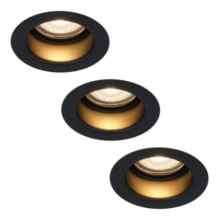 Set van 3 Mari - LED platte inbouwspots met lage inbouwdiepte - 6 Watt 570 Lumen - 2700K Warm wit - GU10 LED Module - Verzonken - Dimbaar - Rond - IP65 waterdicht - Zwart | HOFTRONIC