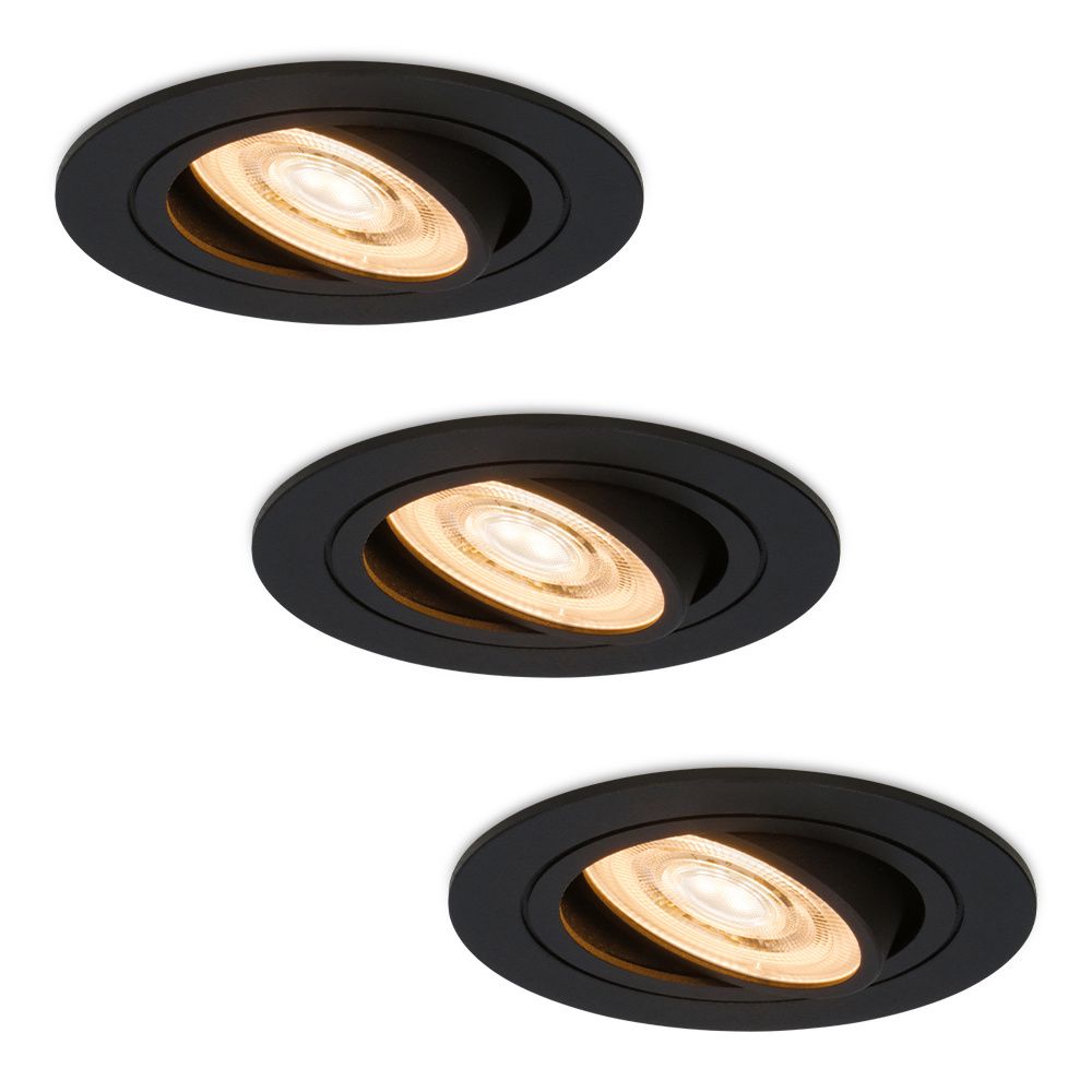 Set van 3 Miro LED inbouwspots - 6W 570lm - Extra plat - GU10 LED Module - 2700K warm wit - Dimbaar - Kantelbaar - Voor binnen - Zwart | HOFTRONIC